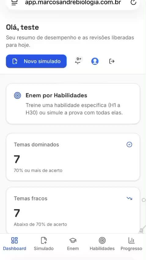 Tela do app Prepara Bio mostrando o resumo de desempenho e as revisões liberadas do dia