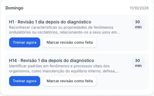 Tela do app com um dia do plano de estudo, com duas revisões de 30 minutos por habilidade e o botão Treinar agora