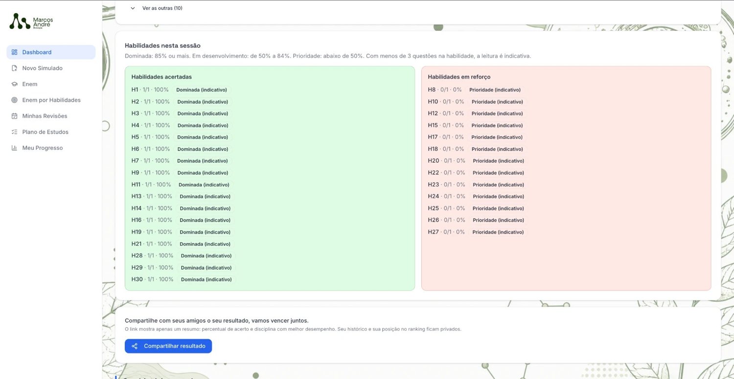 Tela do app mostrando as habilidades dominadas e as habilidades em reforço após o diagnóstico