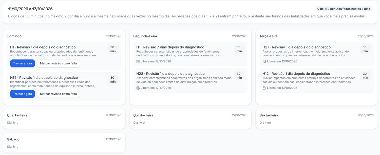 Tela do app com o plano de estudo dos próximos 7 dias, com blocos de 30 minutos por habilidade e a meta de 180 minutos